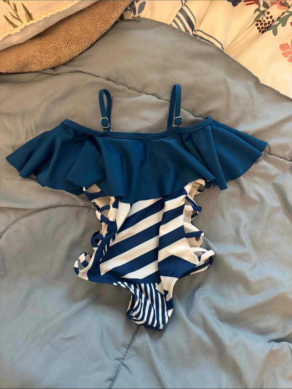 Girls' Blue Ruffle One-Piece Swimsuit - Nautical Stripe